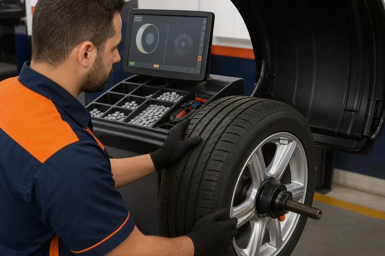Equipamento de balanceamento de rodas em uso na borracharia em Pouso Alegre.