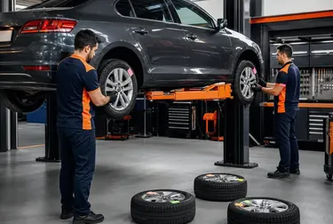 Mecânico fazendo rodízio de pneus na borracharia em Pouso Alegre.
