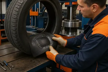Processo de vulcanização de pneus na borracharia em Pouso Alegre.