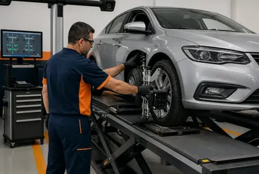 Técnico realizando alinhamento de rodas na borracharia em Pouso Alegre.